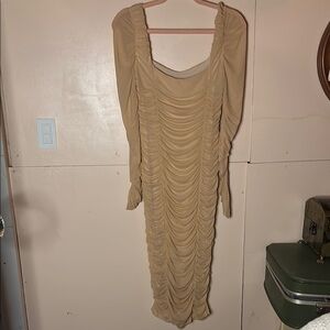 SHEIN Tan Ruched Long Sleeve Bodycon Dress